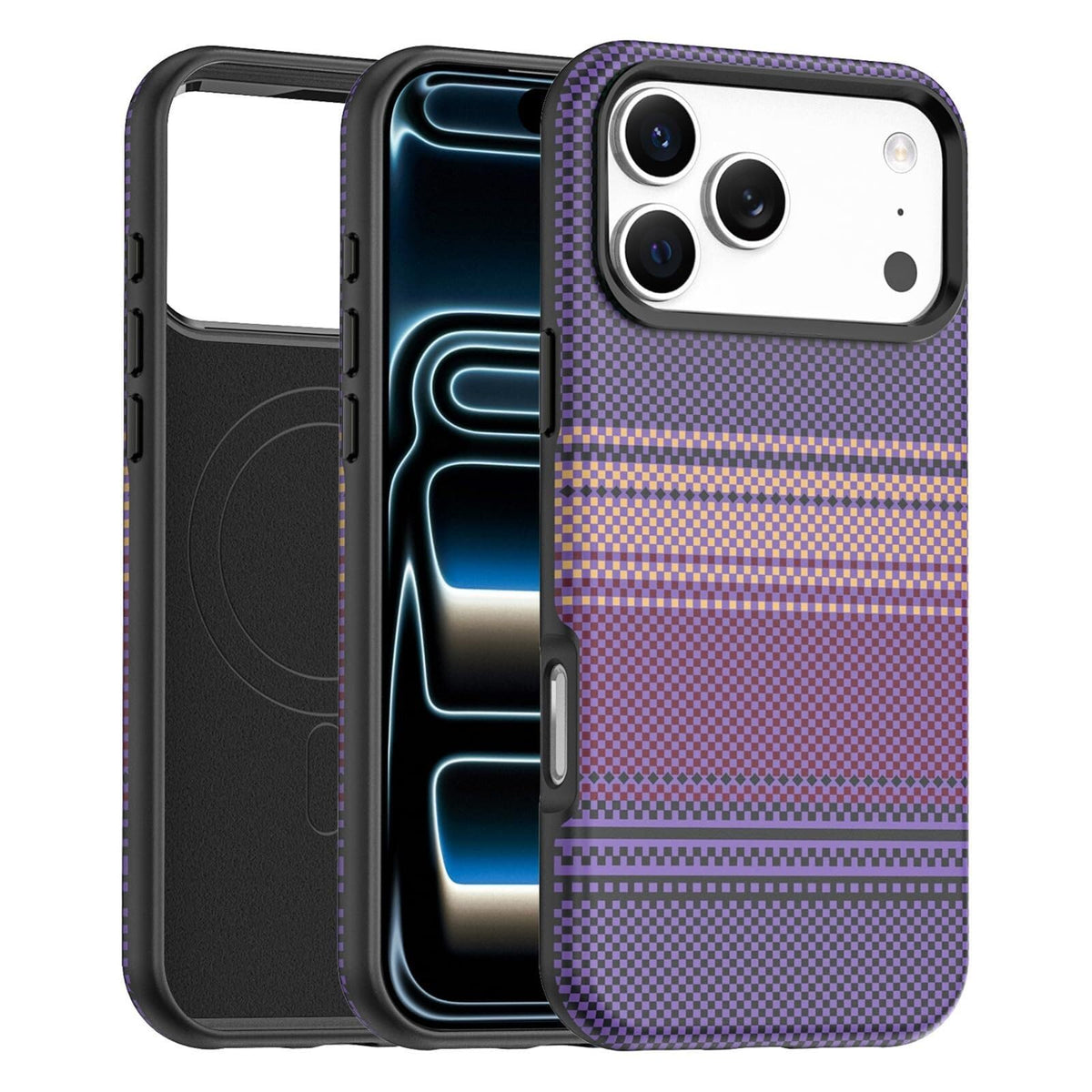Magnetic Case for iPhone 17/17Air/17Pro/17Pro Max, Carbon Fiber Pattern Leather Cover, with Metal Frame Lens Protection Case
