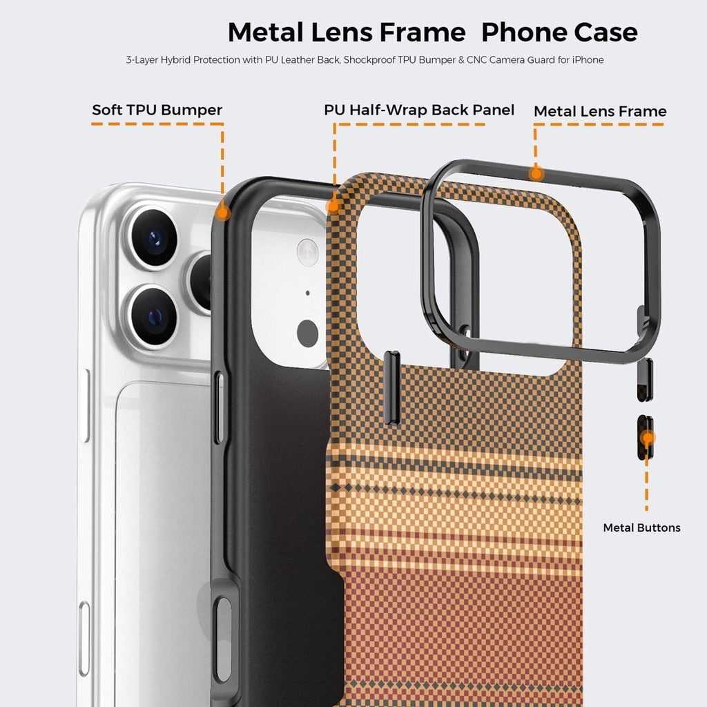 Magnetic Case for iPhone 17/17Air/17Pro/17Pro Max, Carbon Fiber Pattern Leather Cover, with Metal Frame Lens Protection Case