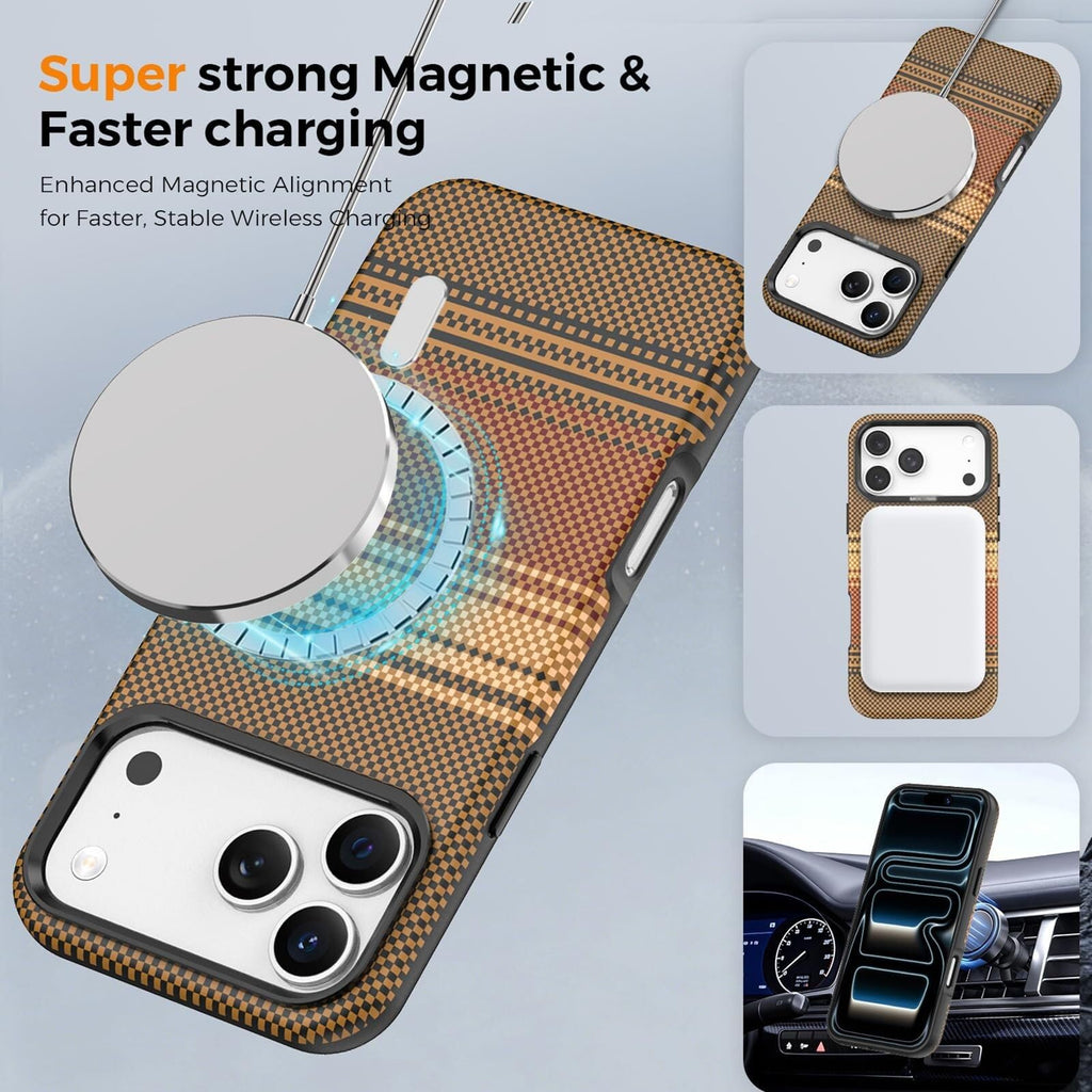 Magnetic Case for iPhone 17/17Air/17Pro/17Pro Max, Carbon Fiber Pattern Leather Cover, with Metal Frame Lens Protection Case